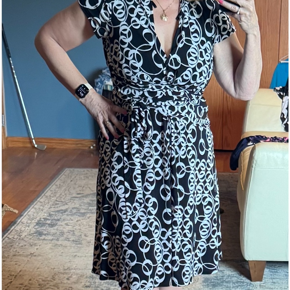 Connected Apparel Black and White Fit and Flare Midi wrap Dress